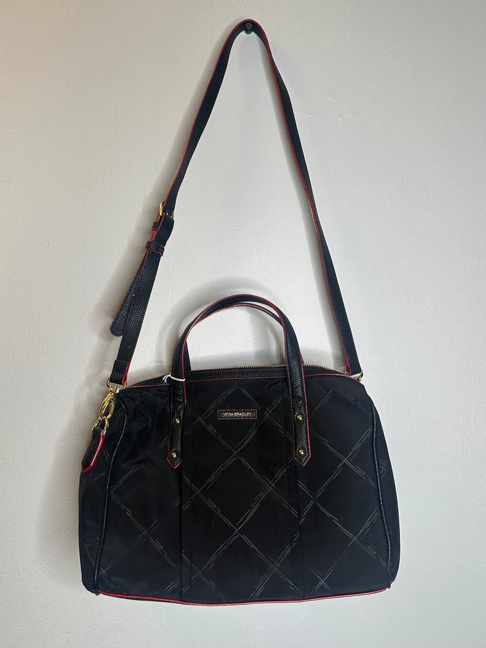 VERA BRADLEY Black Red Stitch Preppy Poly Travel Zip Top Crossbody Bag Purse